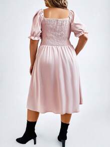 SHEIN LUNE Hơn Cổ vuông Ống tay áo Nút giả Đầm - Hồng - Xem 2