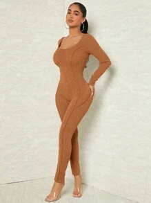 SHEIN SXY Solid Scoop Neck Unitard Jumpsuit - Brown - View 1