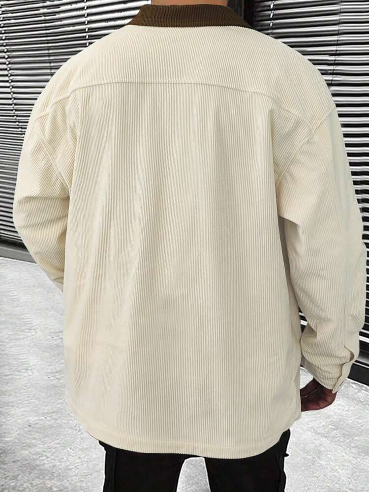 Men's Loose Fit Contrast Collar Drop Shoulder Jacket With Flap Pockets