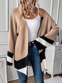 SHEIN LUNE 撞色落肩开衫 - 駝色 - 查看 4