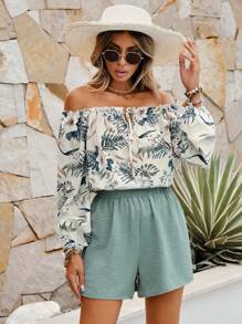 SHEIN VCAY In Thực vật Off Shoulder Tie Trước Áo & quần short - Nhiều màu - Xem 1