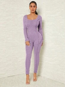 SHEIN SXY 素色大圓領彈力緊身連體褲 - 紫色 - 查看 4