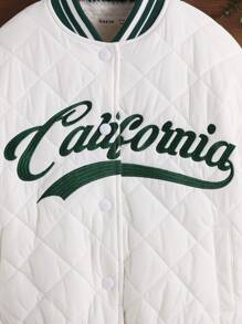 SHEIN Tween Girl 1pc Letter Embroidery Striped Trim Quilted Varsity Jacket - White - View 5