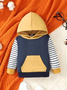 Áo nỉ 2023, tay dài, bo gân ở cổ tay và viền áo, thiết kế phối màu với mũ trùm đầu trơn và túi kẻ sọc, áo nỉ chui đầu cho bé trai. - Nhiều màu - Xem 3