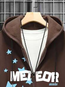 Manfinity Homme Men Loose Star & Letter Graphic Zip Up Thermal Lined Drawstring Hoodie Without Tee - Brown - View 5