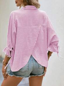 SHEIN Frenchy Striped Print Knot Cuff Wrap Back Blouse - Pink - View 1