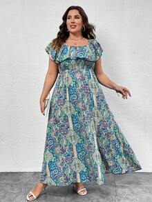 SHEIN Clasi Talla grande Vestido con estampado de paisley de hombros descubiertos ribete con fruncido de muslo con abertura - Azul - Ver 5