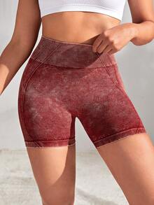 SHEIN Yoga Futuristic Wide Waistband Sports Shorts - Red - View 3