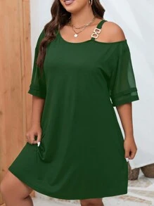 SHEIN Clasi Plus Chain Detail Asymmetrical Neck Drop Shoulder Dress - Dark Green - View 3