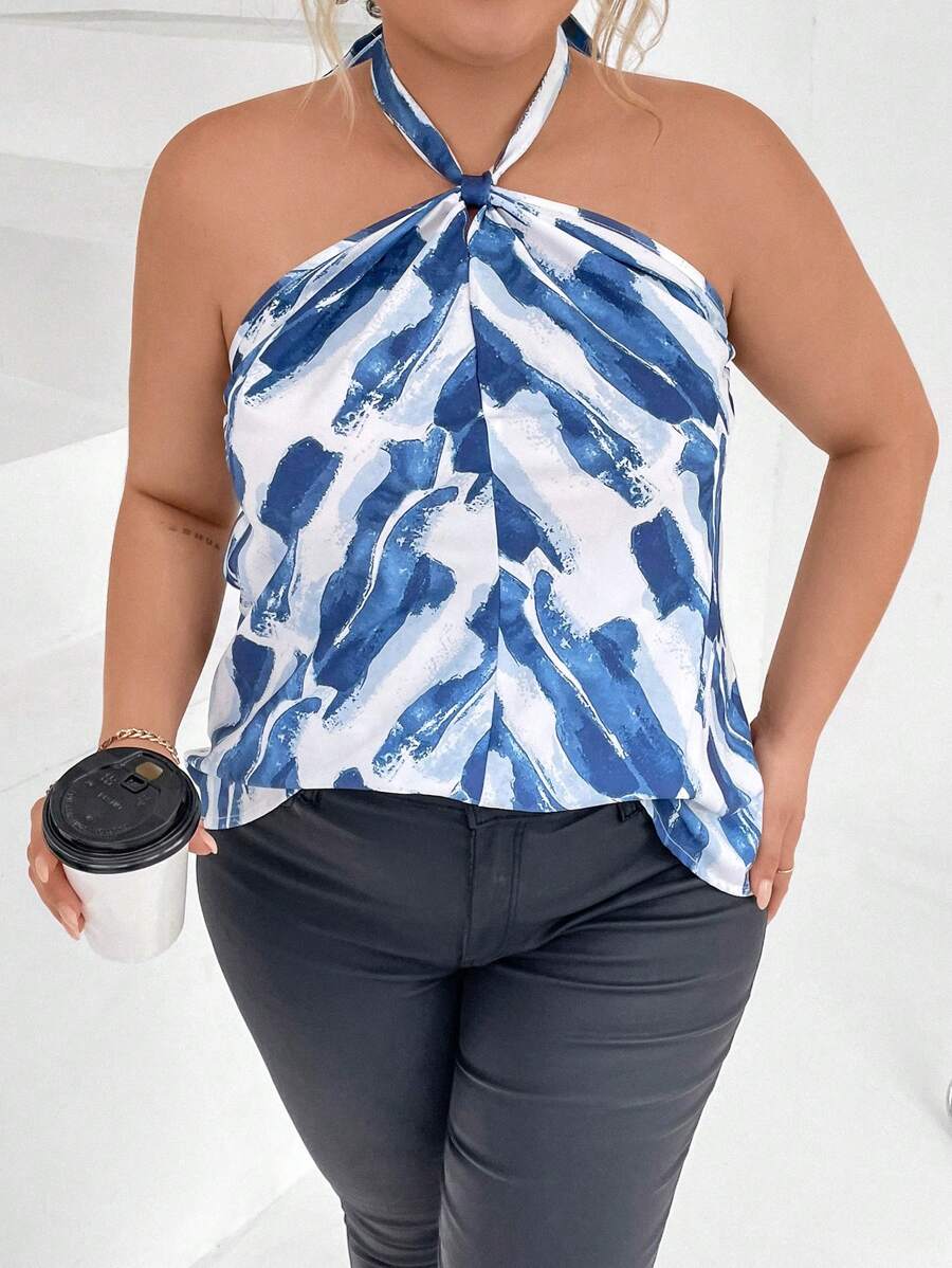 Calvaya 大碼滿版印花後背繫帶掛脖上衣 - 彩色 - 查看 1