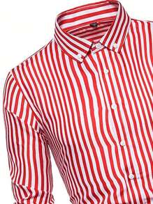 Manfinity Homme 男士条纹印花图案设计师领扣长袖衬衫，适合丈夫、工作、爸爸、秋季、老款风格 - 紅白色 - 查看 4