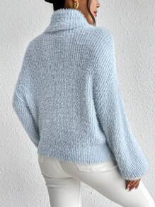 SoleilVie Jersey de punto esponjoso de cuello alto con hombros caídos, suéter de manga larga de punto para otoño e invierno - Azul - Ver 2