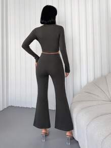 EURMUSE Dark Grey V-Neck Tie Front Crop Top And Split Flared Pants Set - Dark Grey - View 2
