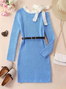 Teen Girl Tie Shoulder Contrast Trim Sweater Dress - Blue - View 1
