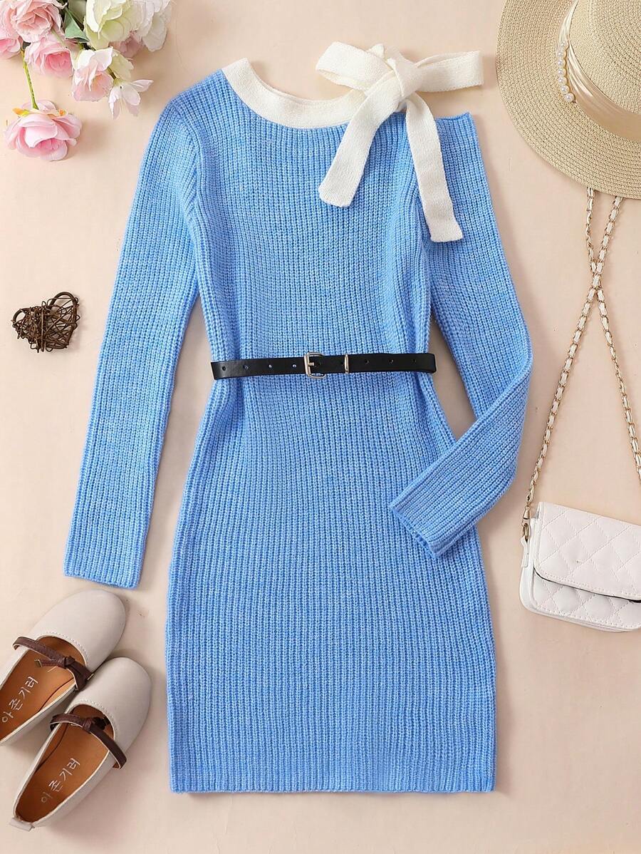 Teen Girl Tie Shoulder Contrast Trim Sweater Dress - Blue - View 1