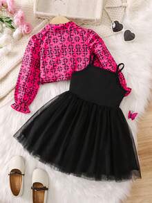 SHEIN 女小童時尚兩件套套裝帶數碼印花粉色上衣和背帶網紗半身裙適合春天,夏天,秋天和冬天 - 彩色 - 查看 2