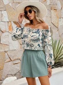 SHEIN VCAY In Thực vật Off Shoulder Tie Trước Áo & quần short - Nhiều màu - Xem 3