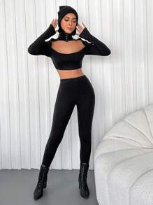 EURMUSE Cut Out Front Crop Tee & Leggings - Black - View 1