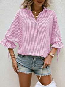 SHEIN Frenchy Striped Print Knot Cuff Wrap Back Blouse - Pink - View 3