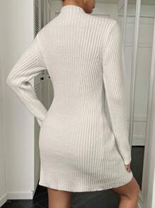 Chiquease 小高領條紋針織毛衣洋裝不附腰帶 - 白色 - 查看 2