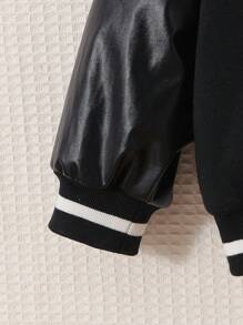 SHEIN 女小童字母圖案落肩袖條紋飾邊學院風夾克 - 黑色 - 查看 8