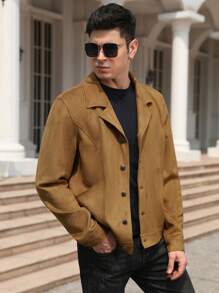 Men Solid Button Front Faux Suede Jacket - Camel - View 4