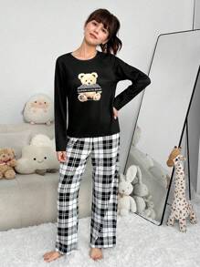 Thiếu niên cô gái In Gấu Áo thun & Kẻ sọc Quần Bộ PJ - màu đen - Xem 3