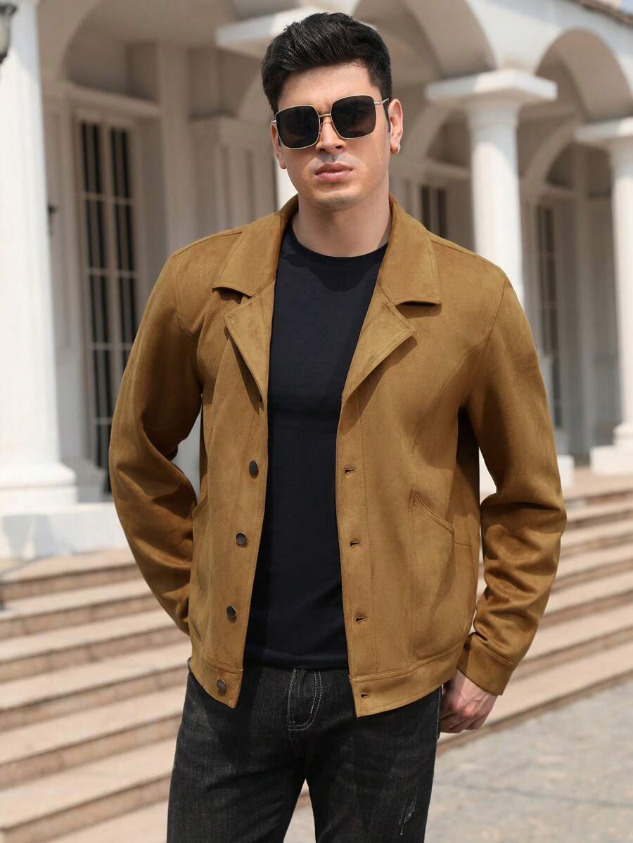 Men Solid Button Front Faux Suede Jacket - Camel - View 1