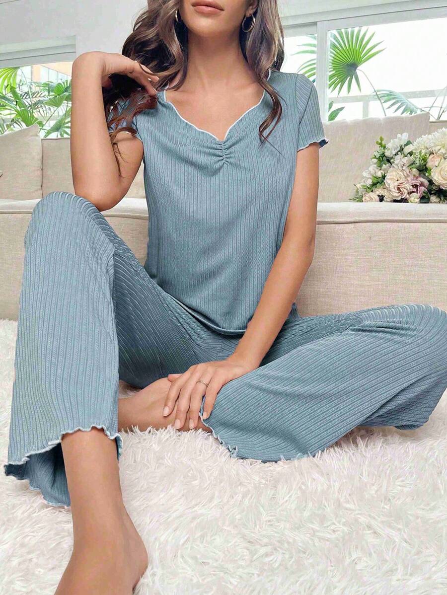 SHEIN Xù Ren Mộc nhĩ Bộ giản dị - Màu xanh lam - Xem 1