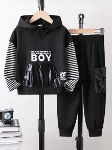 Young Boy Striped & Letter Graphic Drop Shoulder Hoodie & Sweatpants