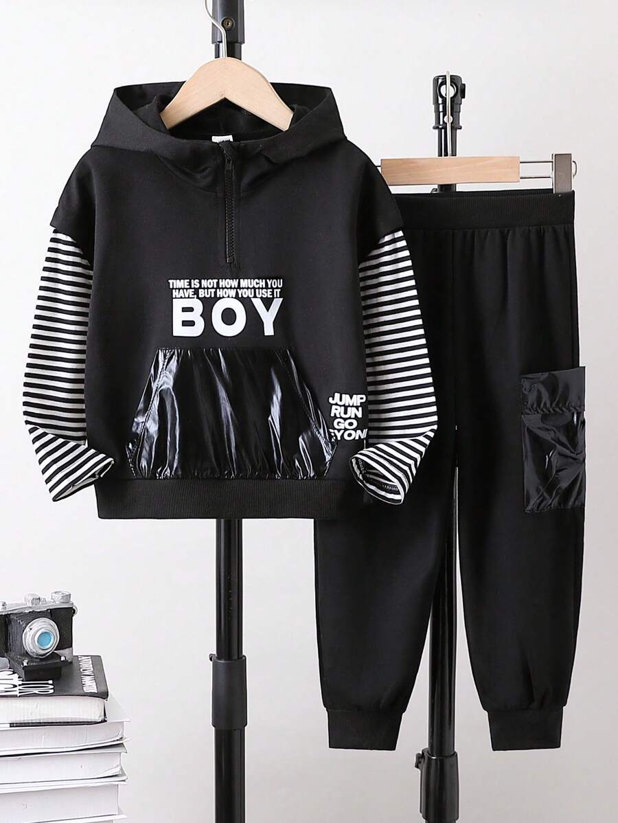 Young Boy Striped & Letter Graphic Drop Shoulder Hoodie & Sweatpants