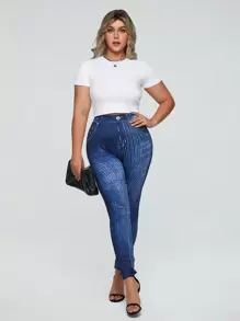 Calvaya Plus Denim-Effect Print Jeggings - Blue - View 4