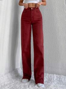 RueChic Solid Raw Hem Straight Leg Jeans - Red - View 1