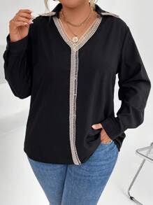 Calvaya Plus Contrast Lace Blouse - Black - View 5