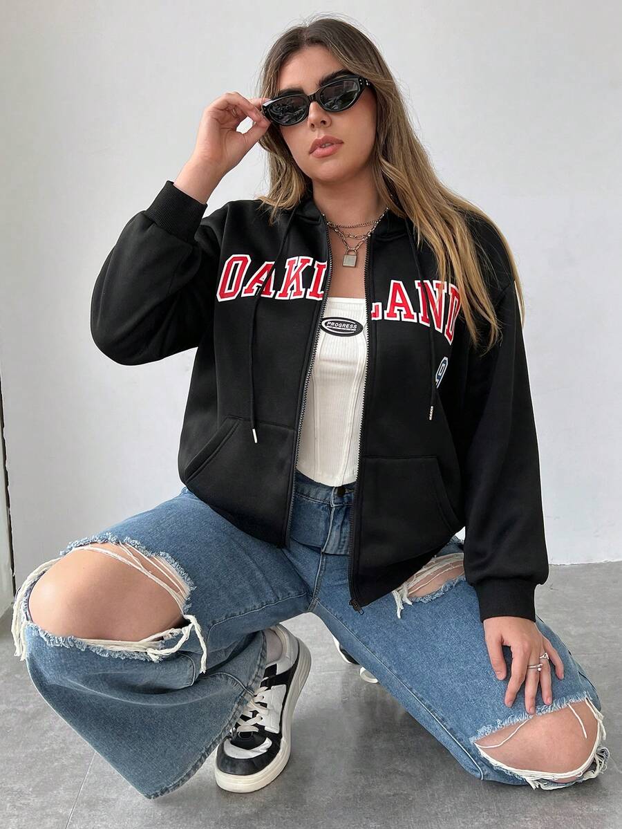 Flirla Áo nỉ cỡ lớn in chữ, vai rớt, dây rút, khóa kéo. - màu đen - Xem 1