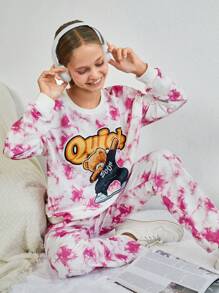 RueChic Tween Girl Tie Dye Cartoon Graphic Drop Shoulder Pullover & Sweatpants - Multicolor - View 5