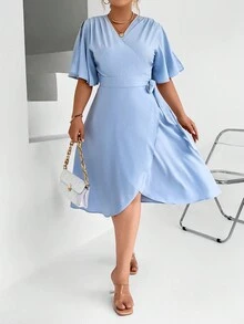 Calvaya Hơn áo tay bướm Nút ven Váy quấn - Màu xanh lam - Xem 7