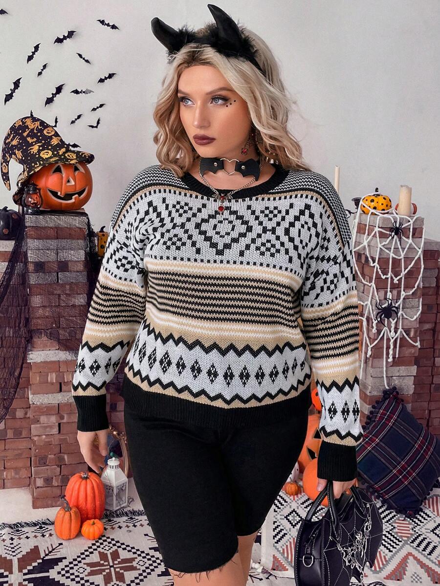 PUNK Plus Geo Pattern Drop Shoulder Sweater - Multicolor - View 1