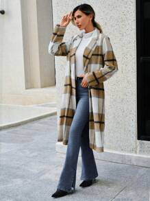 SHEIN Clasi 格紋雙排釦花呢外套 - 卡其色 - 查看 6