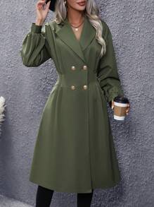 SHEIN Privé 西裝領雙排釦風衣外套 - 軍綠色 - 查看 3