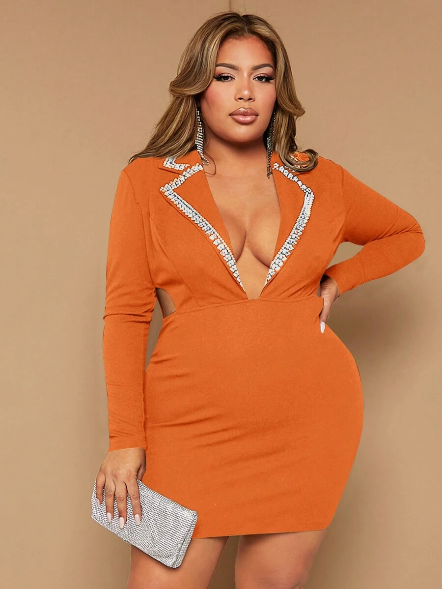 SHEIN SXY Plus Lapel Neck Rhinestone Detail Bodycon Dress - Orange - View 1