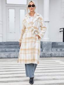 SHEIN Privé Abrigo con estampado de cuadros de hombros caídos con cinturón - Multicolor - Ver 5