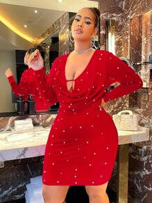 SHEIN SXY Đầm Plus Size cườm đính Vắt Ngọc trai màu trơn Gợi cảm Buổi tiệc - Đỏ - Xem 3
