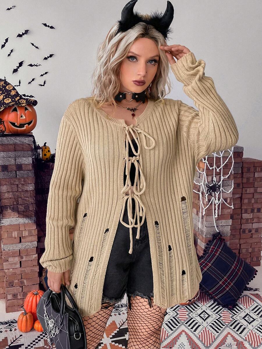 Calvaya Halloween Plus Tie Front Ribbed Knit Cardigan - Khaki - View 1