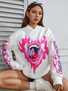 SHEIN Unity Áo hoodie rộng rãi in chữ môi lớn họa tiết ngọn lửa đường phố cá tính dành cho nữ - trắng - Xem 4