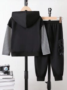 Young Boy Striped & Letter Graphic Drop Shoulder Hoodie & Sweatpants