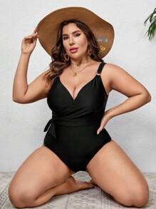 SHEIN Swim Curve 優雅純色大碼一件式泳衣打結 圓環 交叉 - 黑色 - 查看 5