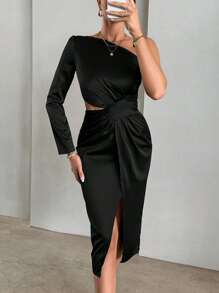 Váy Satin xẻ đùi một vai - màu đen - Xem 5