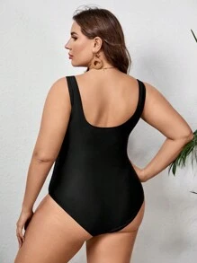 SHEIN Swim Curve 優雅純色大碼一件式泳衣打結 圓環 交叉 - 黑色 - 查看 2