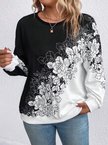 EMERY ROSE Plus Size Women's Floral Print Round Neck Sweatshirt Pullover Fall Winter Sweatshirt Autumn - Black and White - View 4